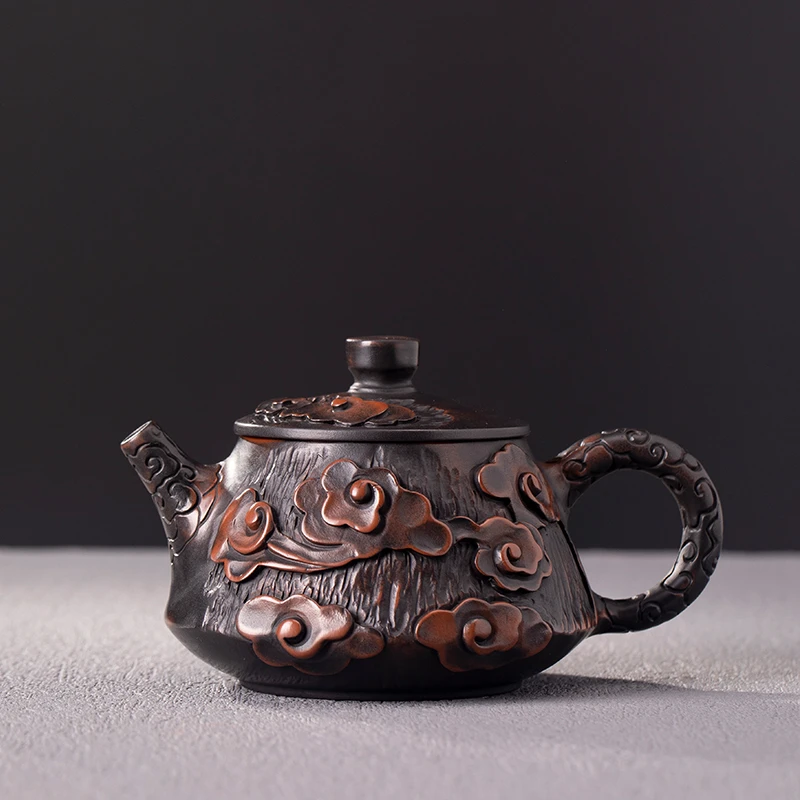 紫陶茶壶手工浮雕石瓢祥云壶160毫升中式复古大容量日式描金手制