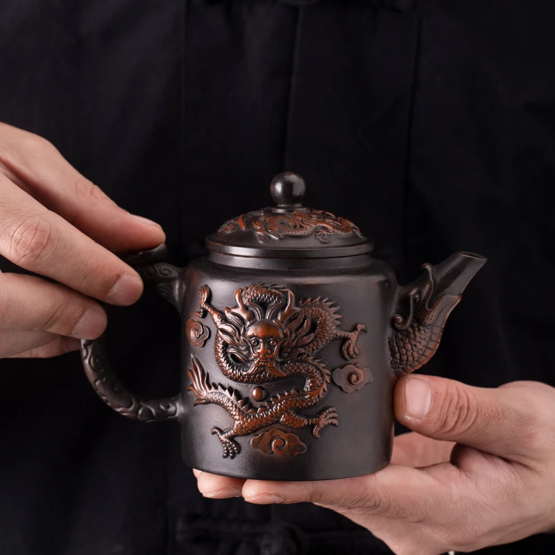 紫陶茶壶手工浮雕手把龙凤壶220毫升复古中式大容量日式描金