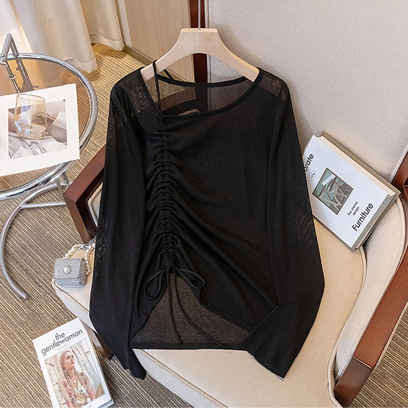 夏季大码薄款设计感防晒衫t恤女胖mm显瘦遮肉外搭不规则抽绳上衣