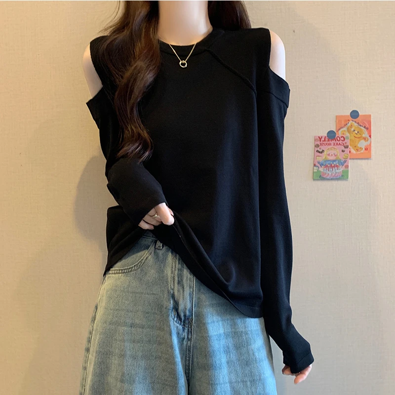 早秋大码慵懒风露肩长袖针织衫女胖mm宽松显瘦遮肚子百搭打底衫潮