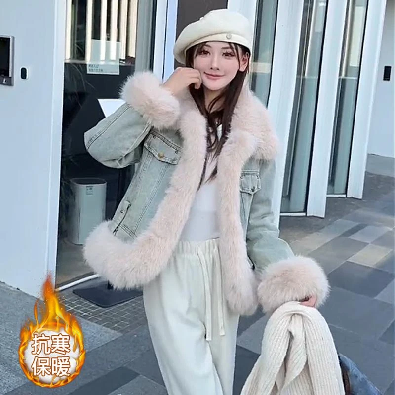 复古牛仔拼接皮草羽绒服外套女2024冬季新款宽松洋气短款派克服潮