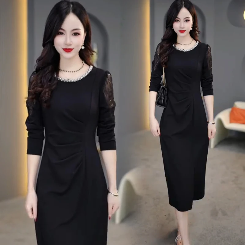 时尚长袖连衣裙女2024秋季新款洋气质显瘦中长款收腰开叉打底裙子
