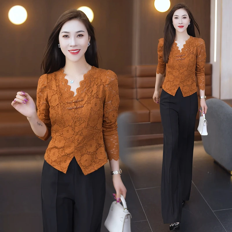 时尚洋气套装女秋季新款设计感修身显瘦V领蕾丝上衣阔腿裤两件套