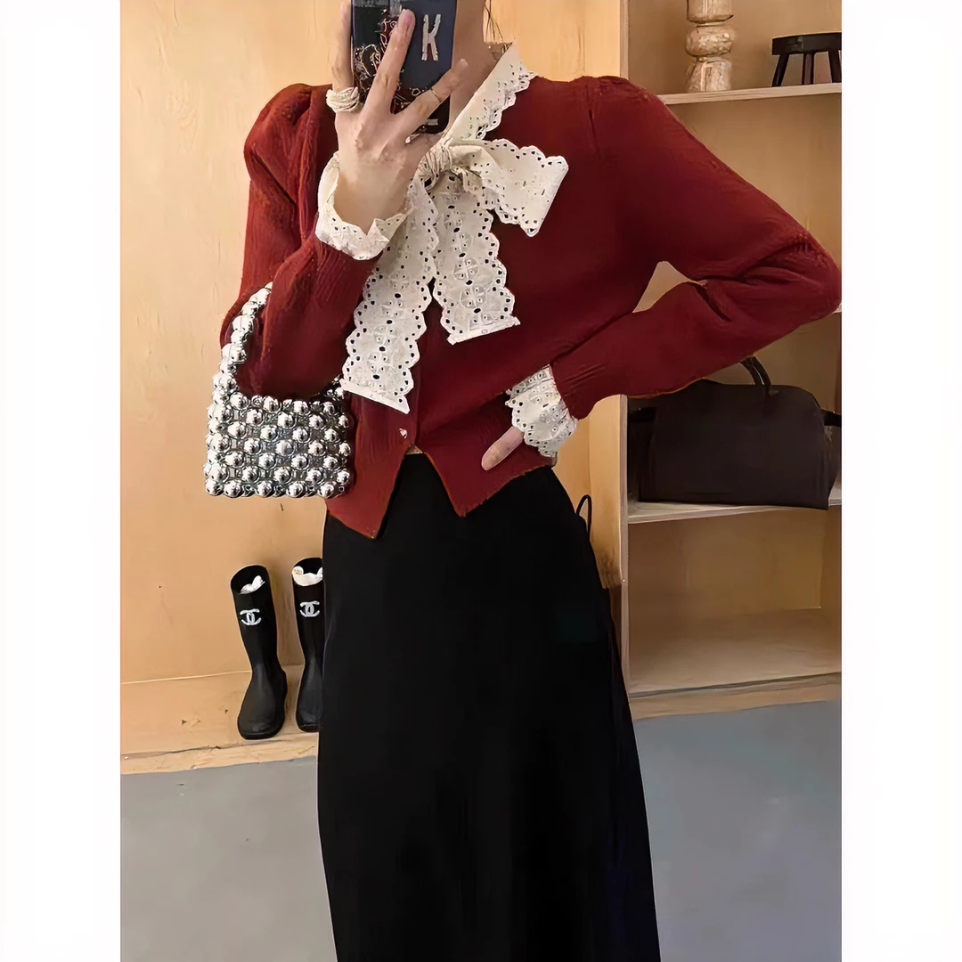 红色毛衣女短款毛衣蝴蝶结长袖针织衫秋冬气质减龄显瘦上衣外套