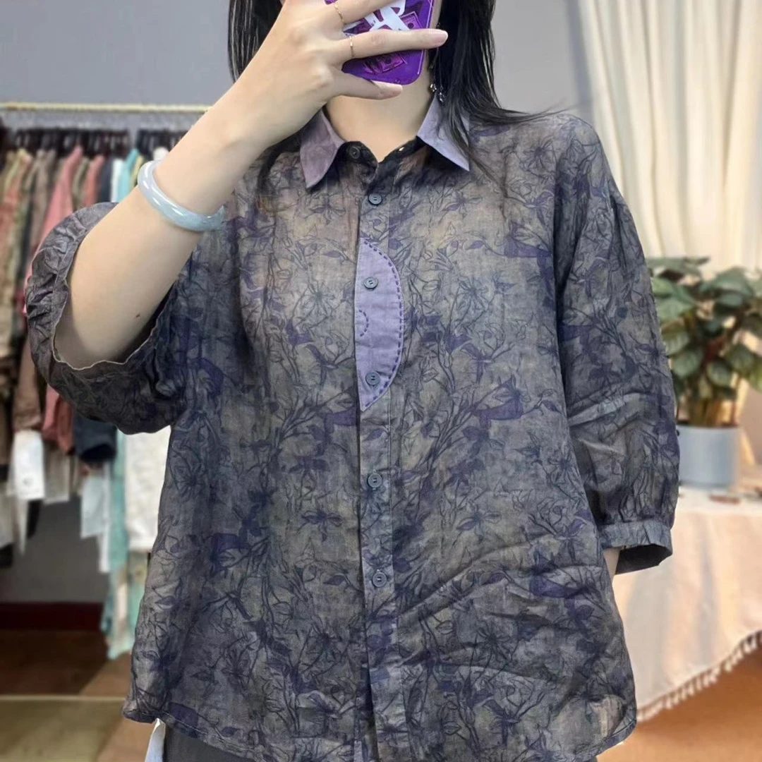 清欢美人原创设计【一蓑烟雨】设计师手工缝线印花苎麻衬衫/GY3387