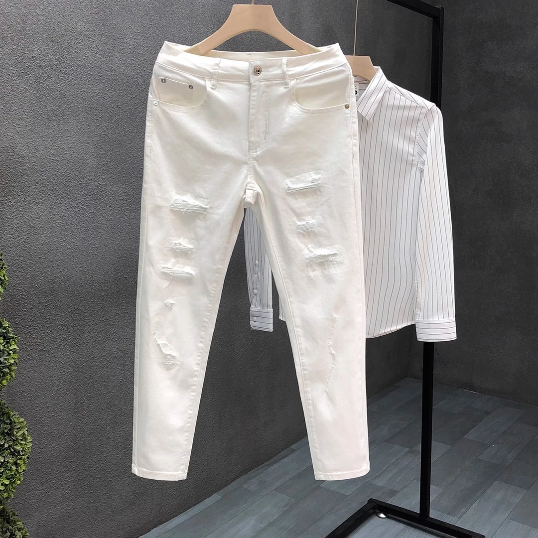 弗基马奇破洞烫钻牛仔裤男款潮牌潮流修身小脚裤夏季新款男士长裤