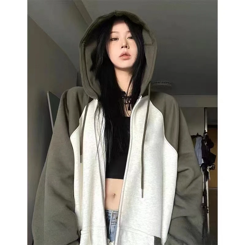 美式撞色棒球服拉链外套女ins潮设计感连帽春秋运动卫衣冬休闲