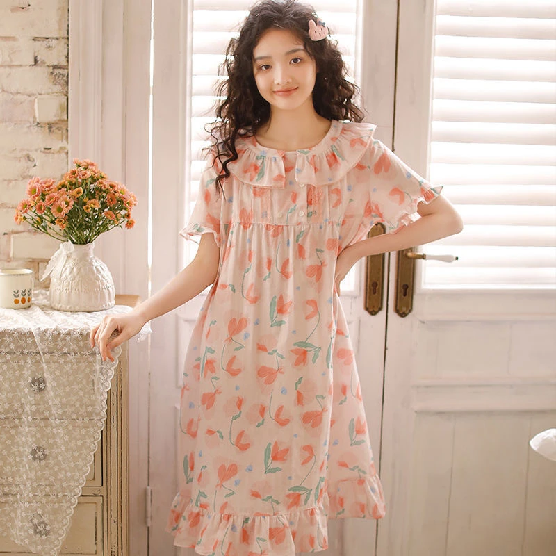 睡裙女夏纯棉薄款夏季大码宽松可外穿女士网红高档夏天睡衣连衣裙