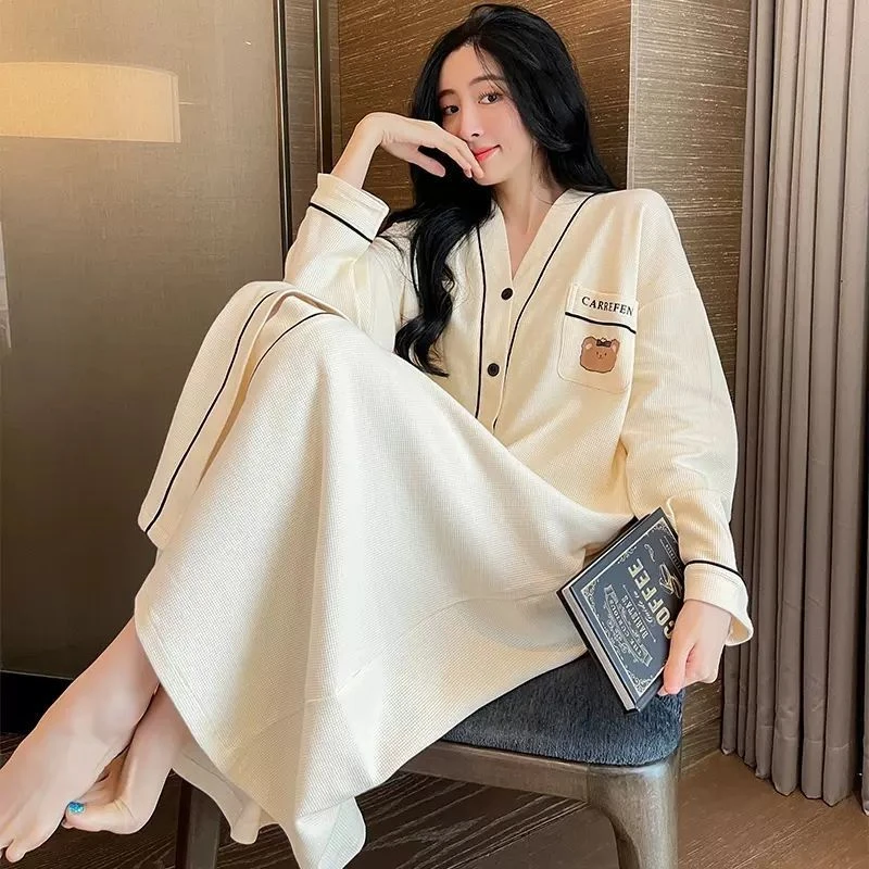 卡通睡裙女2025年新款春秋季纯棉长袖中长款睡衣秋款网红风家居服