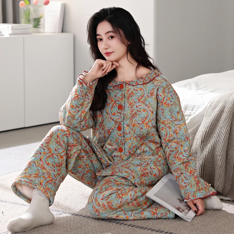 睡衣女冬季加厚加绒秋冬纯棉三层夹棉冬天保暖棉袄女士家居服套装