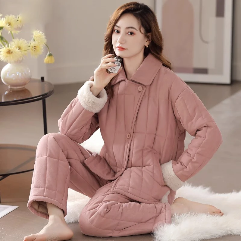 睡衣女冬季加厚加绒秋冬纯棉三层夹棉冬天保暖棉袄女士家居服套装
