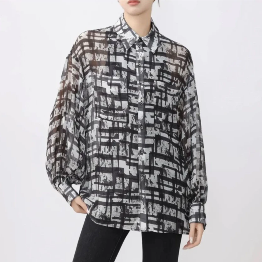 【商场同款】2024夏季桑蚕丝水墨画衬衣印花宽松长袖衬衫女5301019