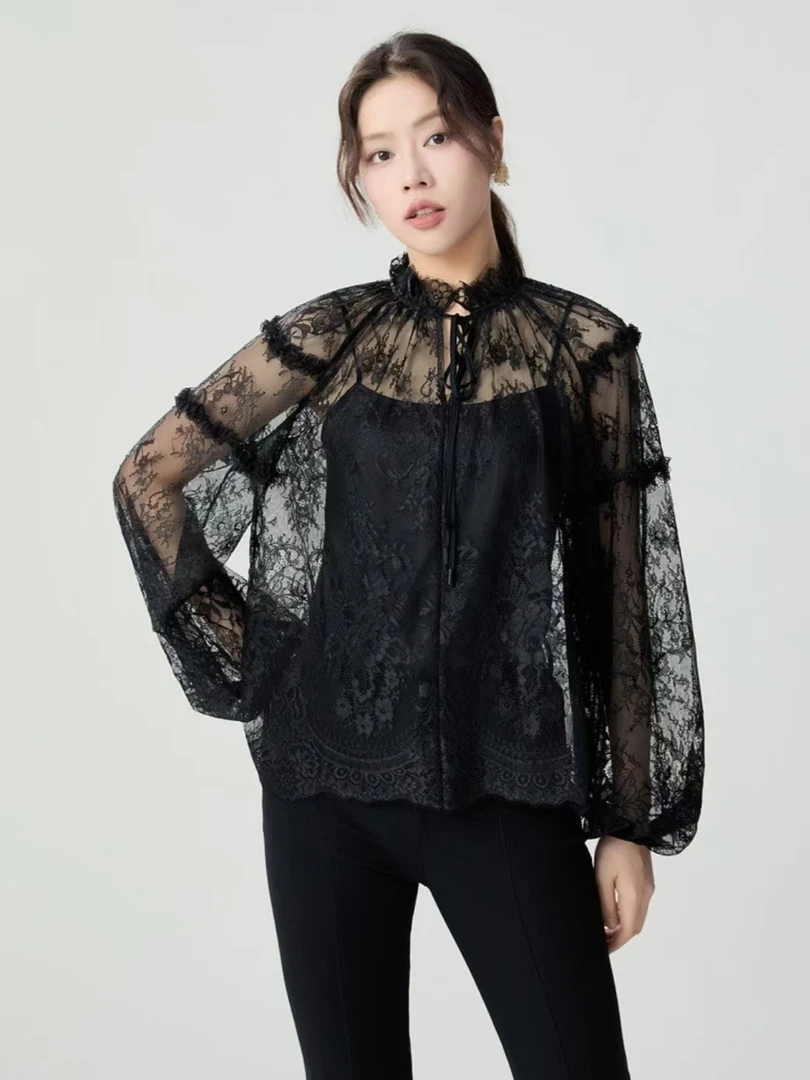 商场同款2025春夏蕾丝两件套时尚休闲雪纺荷叶边领设计感薄款上衣