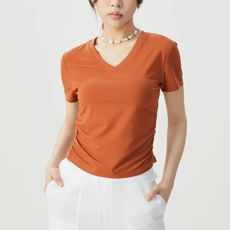 【商场同款】夏新款百搭显瘦V领侧边收褶莫代尔短袖T恤衫女1300888