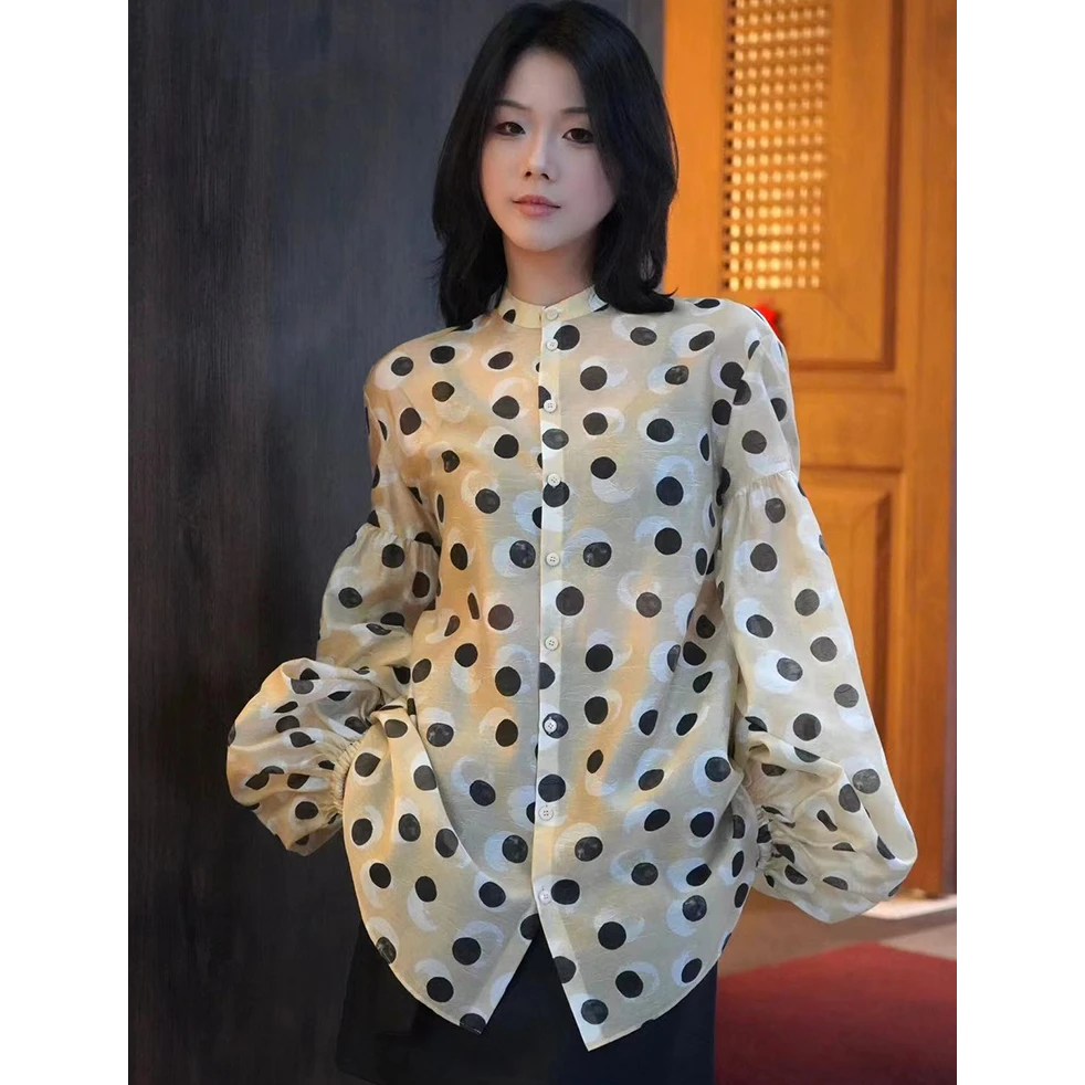 【商场同款】女装春秋新款百搭宽松复古波点圆领灯笼袖衬衫1300729