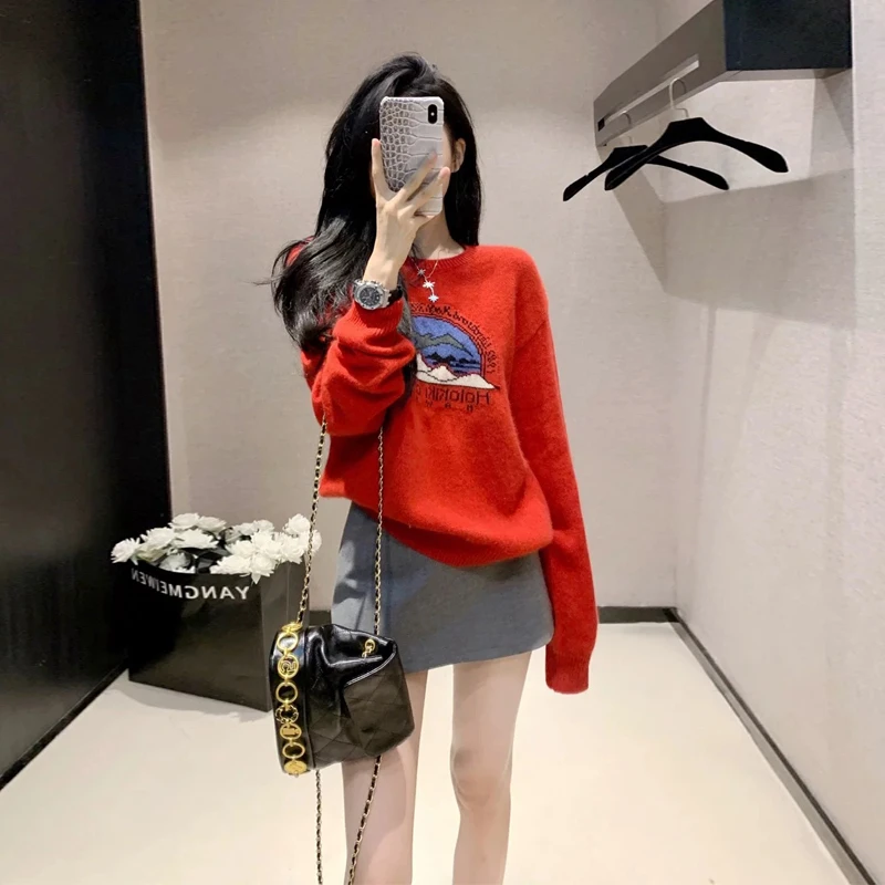 网红减龄毛衣女秋冬慵懒风高级感小个子宽松显瘦红色针织衫上衣潮