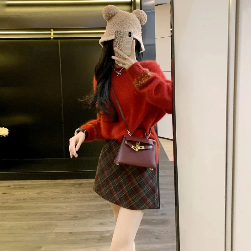 网红红色洋气圣诞毛衣女秋冬时尚百搭显瘦气质慵懒宽松针织衫潮