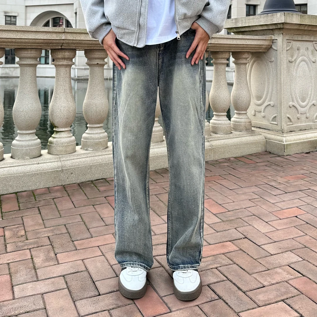 阿晨丨竹节纹宽松阔腿美式牛仔裤 水洗做旧休闲复古韩版阔腿长裤