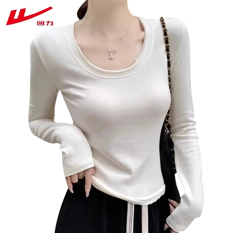 回力春秋冬白色磨毛长袖纯棉t恤女装修身显瘦内搭辣妹正肩打底衫