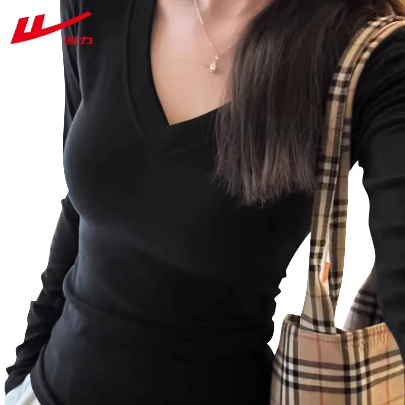 回力韩版黑色修身纯棉磨毛V领女装长袖t恤打底衫中长春秋冬季2025