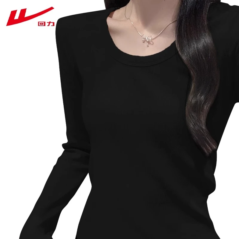 回力纯棉磨毛长袖t恤女装春秋冬黑色显瘦短款辣妹修身内搭打底衫