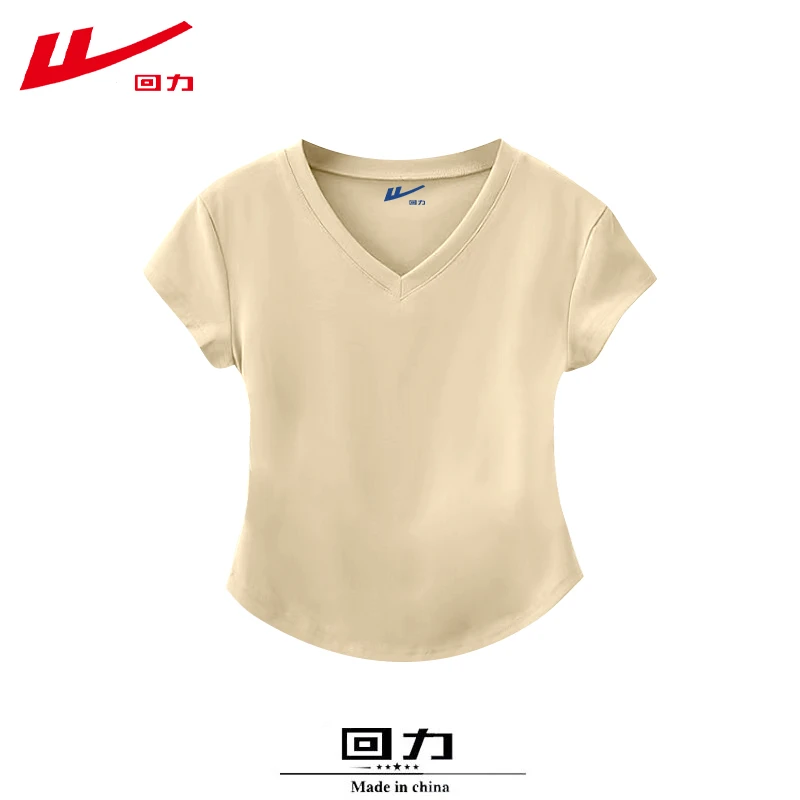 回力短款短袖T恤女2025夏季新款V领打底衫修身显瘦棉上衣ins潮