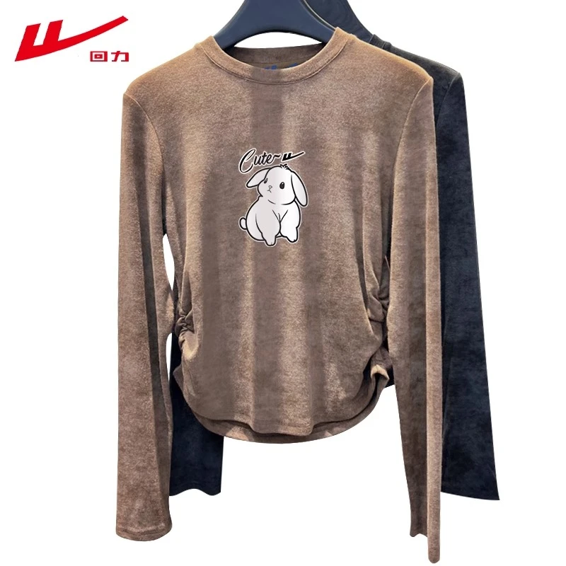 回力春秋冬2025新款扎染长袖打底衫女装修身纯棉磨毛短款圆领t恤