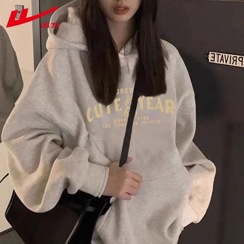 回力重磅加绒加厚宽松连帽卫衣男女春秋冬套头白灰色帽衫2025上衣