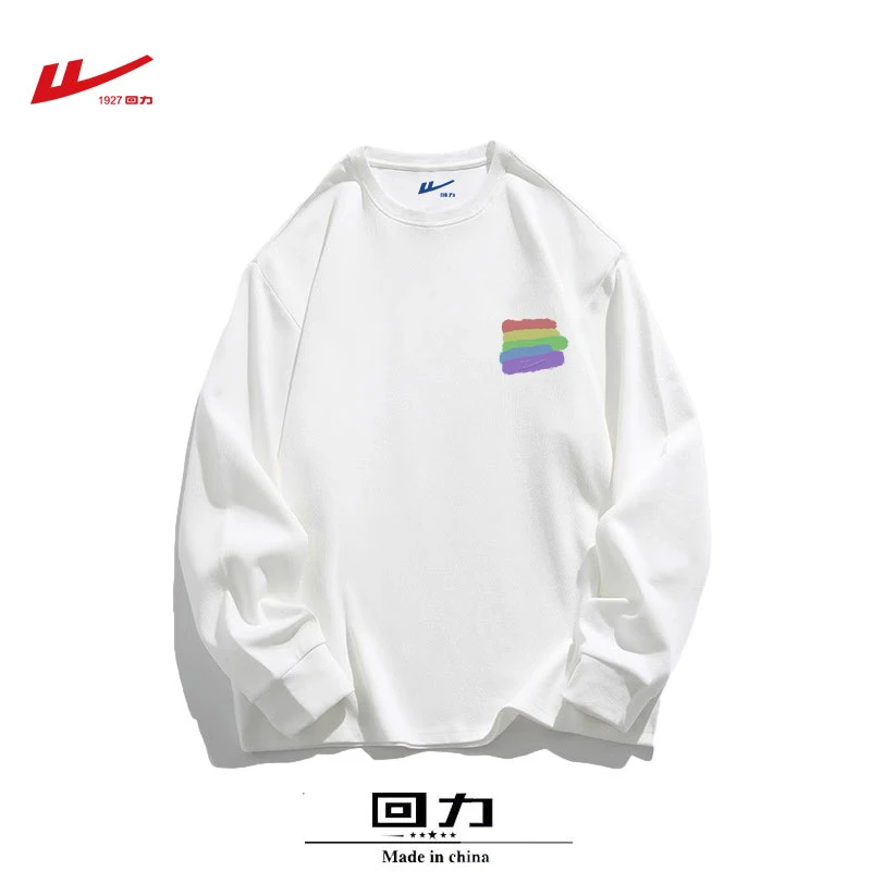 回力潮牌2025春秋冬季圆领白色棉长袖t恤男女宽松休闲情侣打底