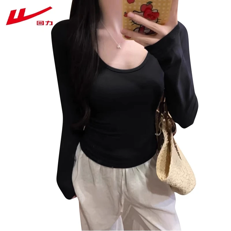 回力女装新款显瘦辣妹春秋冬2025短款打底衫纯棉磨毛黑色长袖T恤