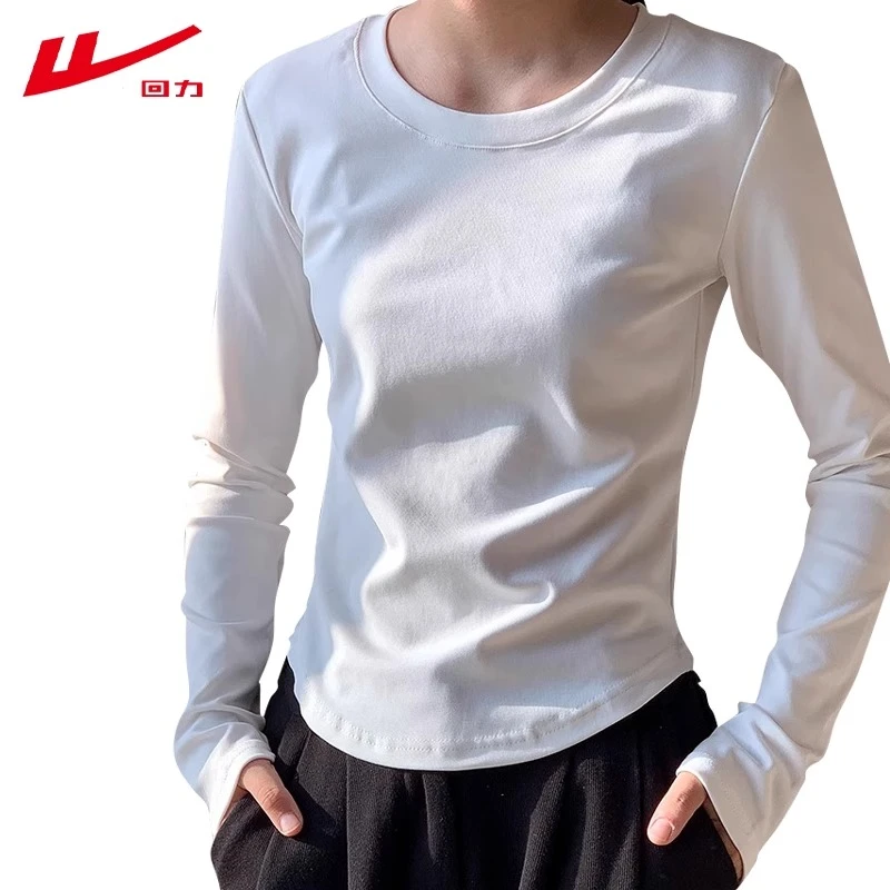 回力春秋冬圆领磨毛设计感长袖t恤女修身内搭纯棉打底衫短款上衣