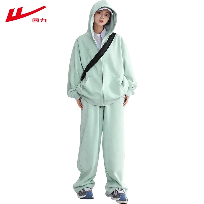 回力国潮拉链连帽卫衣外套2025春秋冬加绒加厚男女运动服两件套装