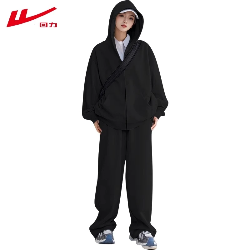 回力运动套装男女同款潮牌春秋冬加绒加厚跑步服拉链连帽卫衣外套