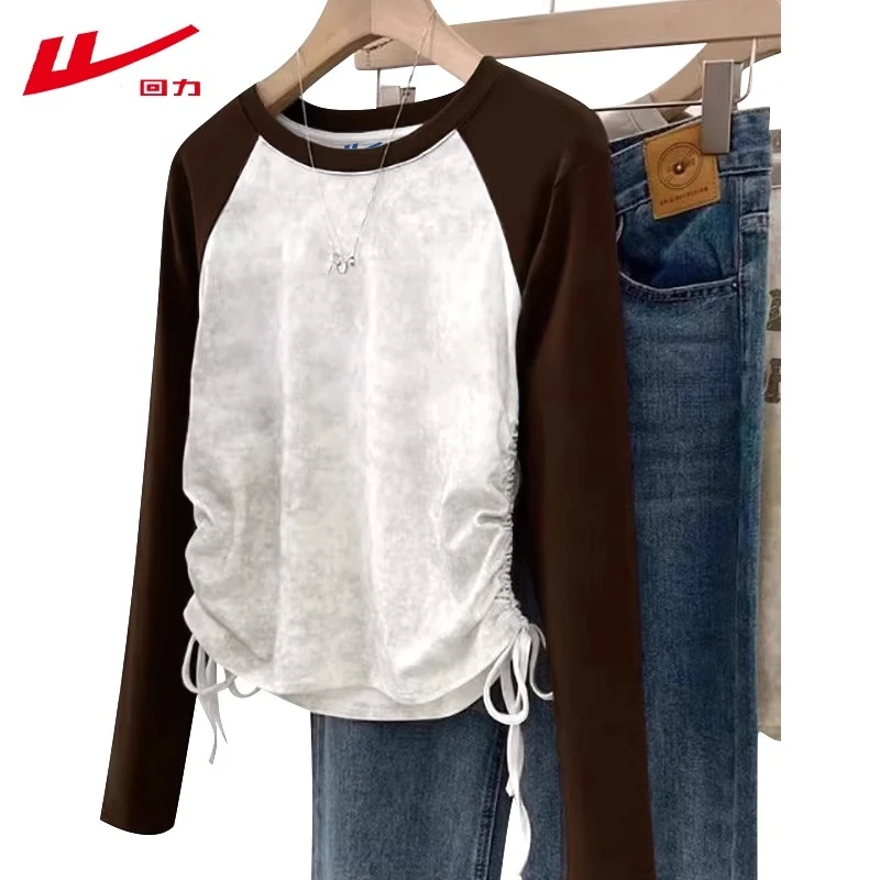 回力圆领扎染长袖抽绳T恤女春秋冬季新款纯棉磨毛短款修身打底衫