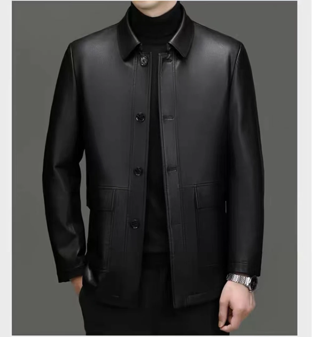 【海-宁-1】男士8118真皮 中长款秋冬新款中年商务休闲大码外套
