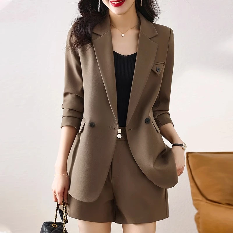 咖色休闲洋气西装外套女2025春秋职业装女神范正装西服短裤套装