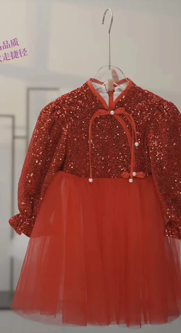 红色新中式礼服儿童周岁礼服高端轻奢礼服主持演出童装
