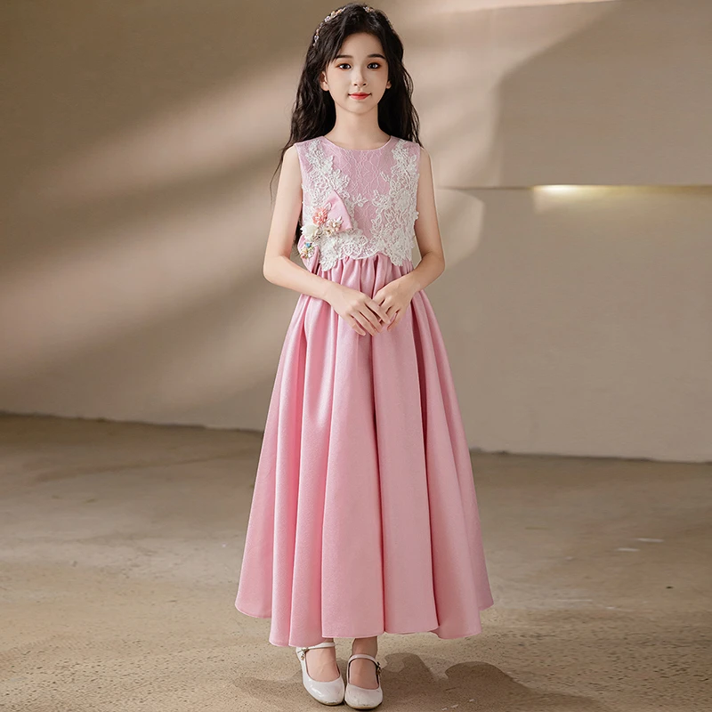 粉色女童缎面礼服儿童钢琴演奏高端女公主演出礼服裙主持演出服夏