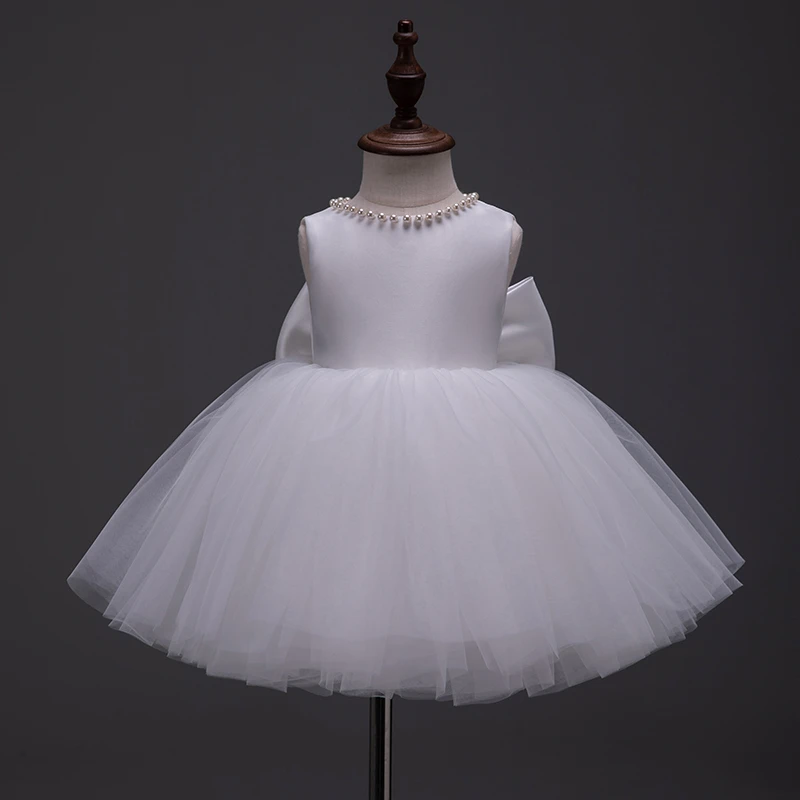 高端周岁礼服女宝宝夏季花童婚礼小女孩婚纱白色女童蝴蝶结公主裙