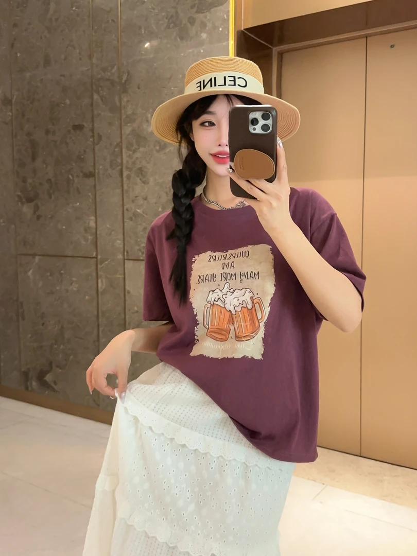 「小酌一杯」2024新款设计感小众正肩短袖洋气别致印花T恤IG-240855