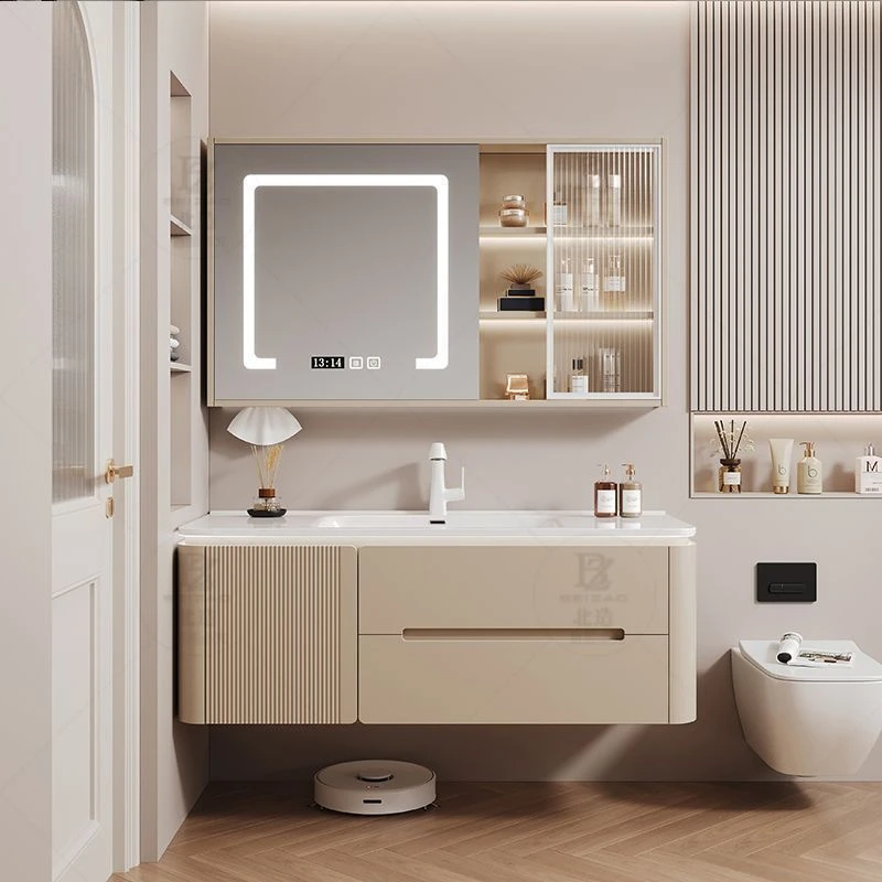 柒沐雅奶油风侧边收纳柜浴室柜组合陶瓷一体盆套装洗脸手盆洗漱台