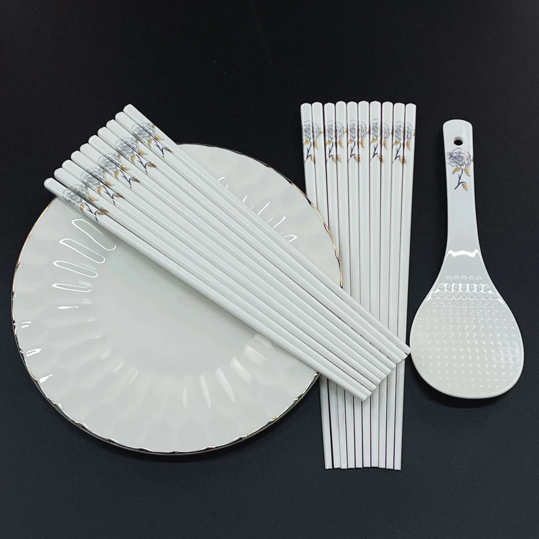 金丝牡丹骨瓷筷子10双+饭铲（不带礼盒） 破损补发