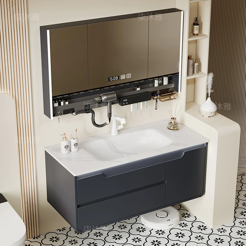 柒沐雅岩板热弯一体盆实木浴室柜组合多功能镜柜卫生间洗脸洗手盆