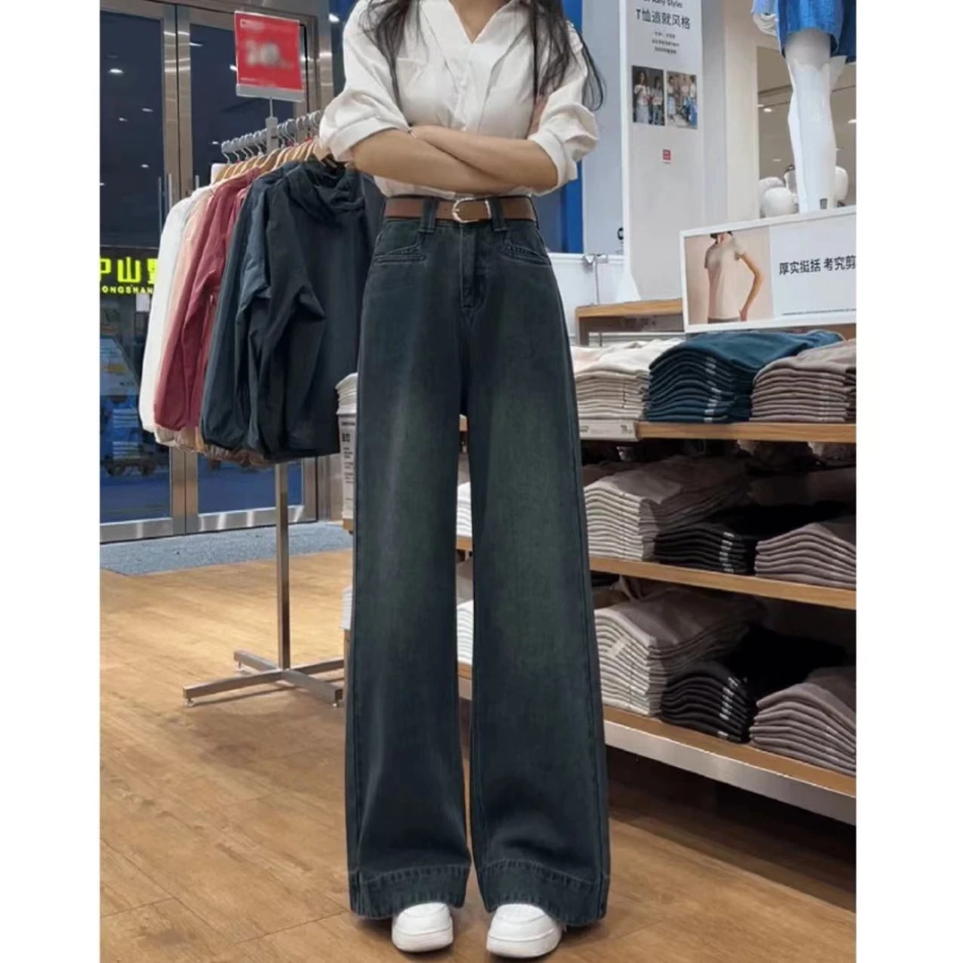 秋冬新款牛仔裤加绒女舒适透气柔软垂感阔腿裤时尚百搭高腰显瘦