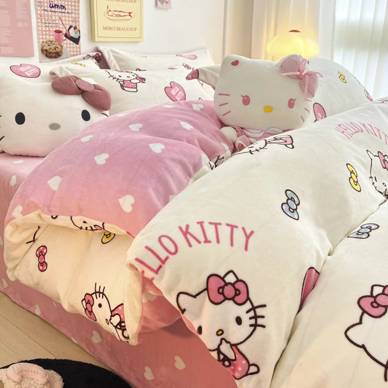 冬季牛奶绒四件套三丽鸥正版Kitty猫美乐蒂被套罩女生宿舍三件套3