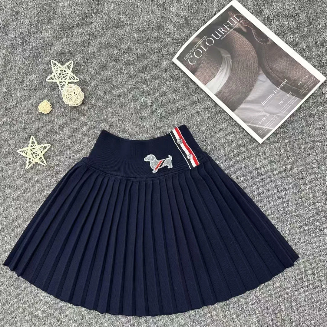 THOM BROWHE小狗刺绣韩版条纹学院风百搭针织百褶裙女半身裙短裙