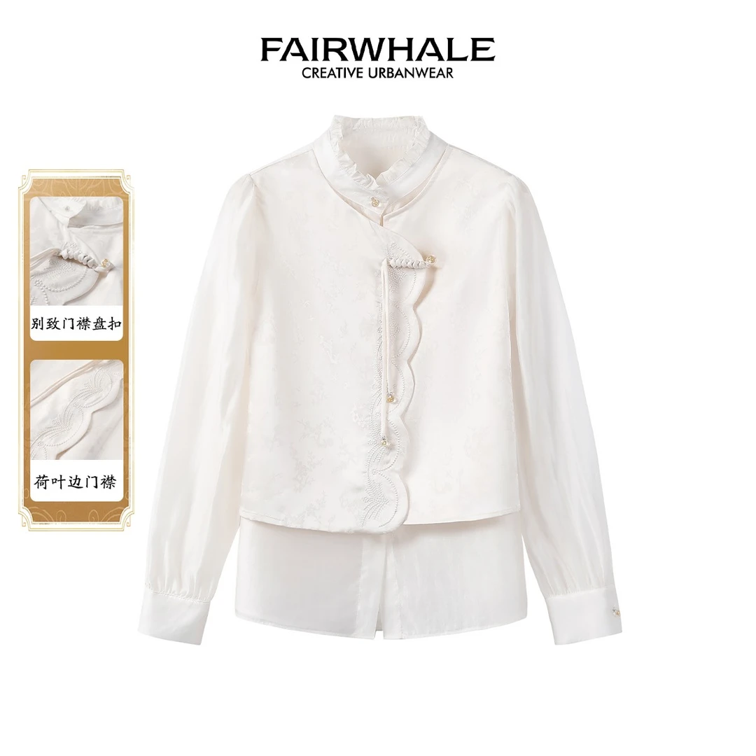马克华菲女装新中式雪纺花边盘扣衬衫 F41003A002