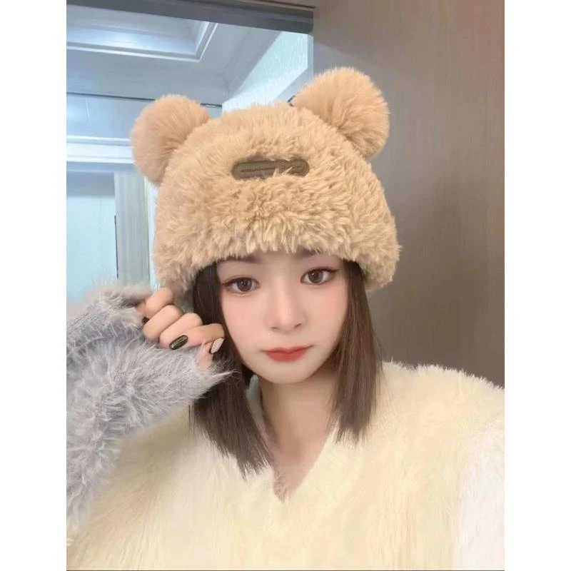 针织毛绒耳朵棉帽2023新款毛茸茸秋冬保暖小熊帽子女冬季可爱白色