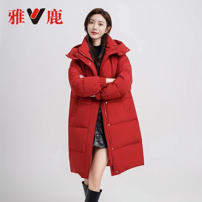 雅鹿长款羽绒服女2023冬季新款宽松连帽过膝加厚外套秋冬时尚