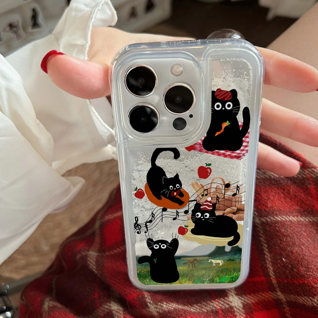 流沙趣味小黑猫适用iphone15手机壳苹果13/14promax卡通12/11可爱